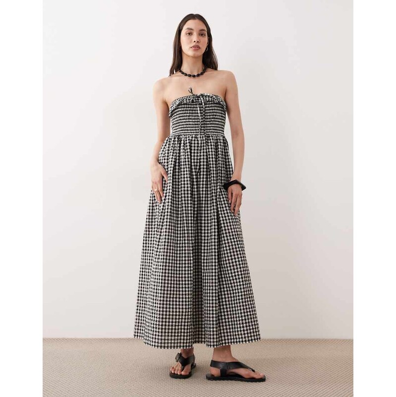 Esmee bandeau maxi beach dress in black & cream gingham