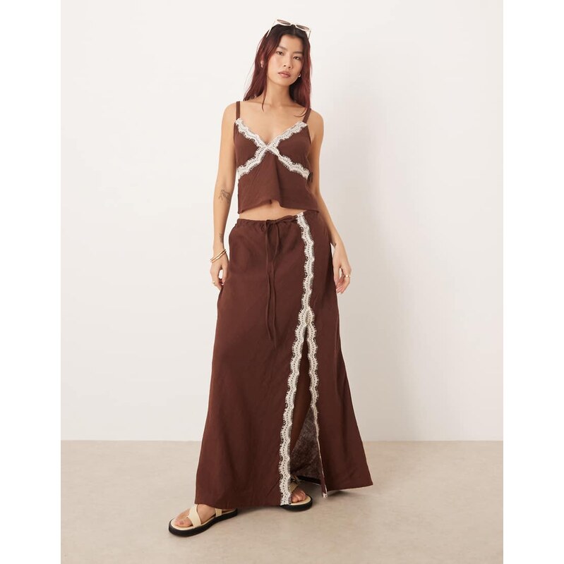 Esmee maxi beach skirt co-ord with cream lace detail in brown