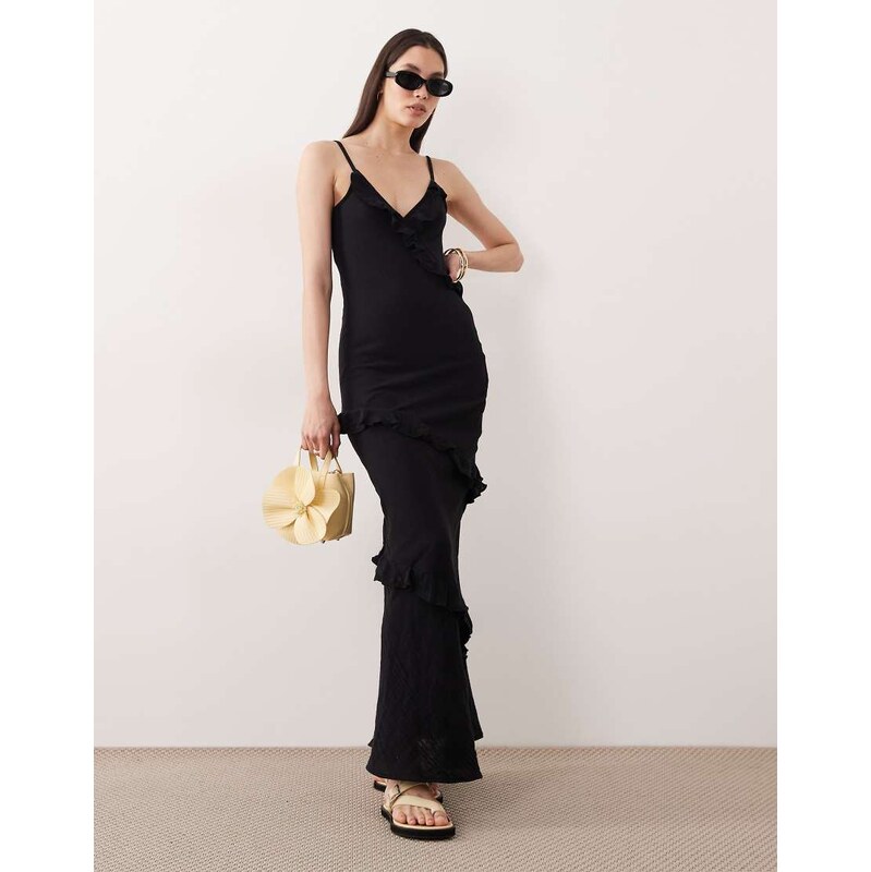Esmee strappy maxi beach dress with ruffle detail in black