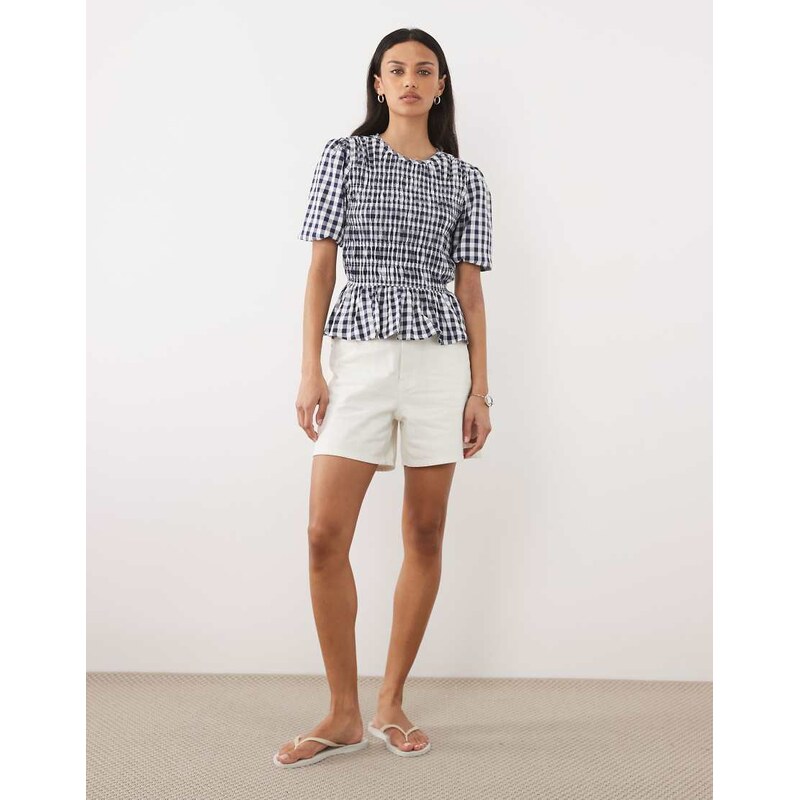 Threadbare textured shirred top with puff sleeves in navy gingham 114856151