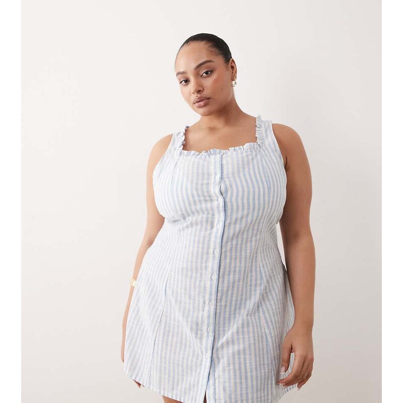 Esmee Curve mini beach dress with ruffle trim in blue & white