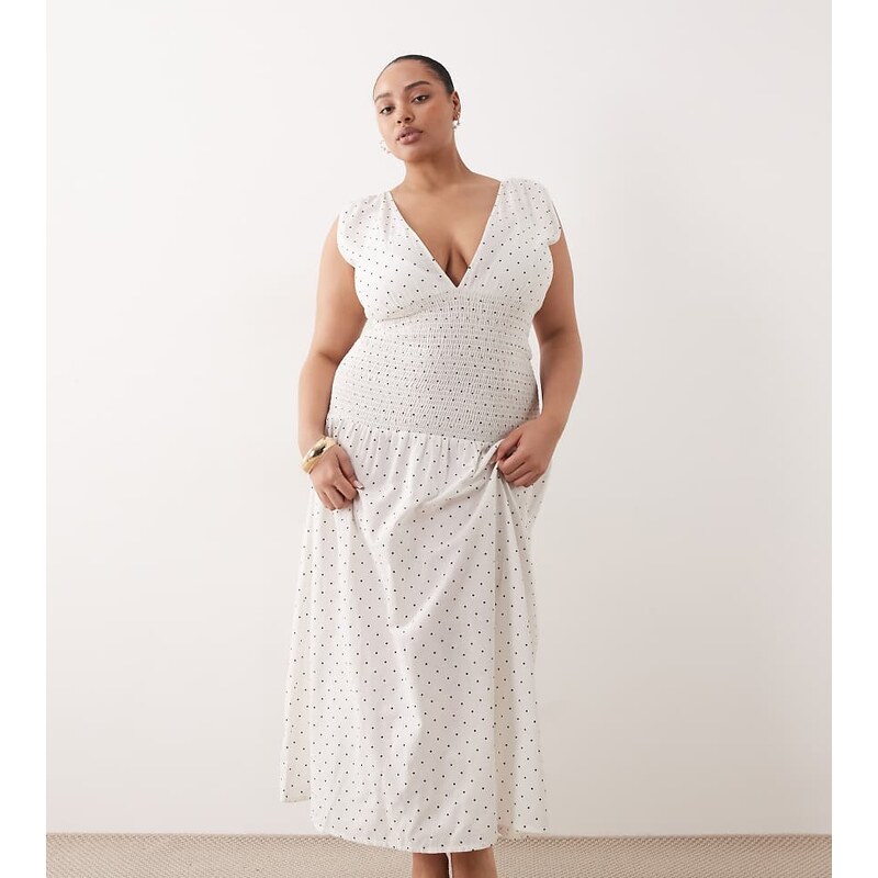 Esmee Curve mid waist shirred maxi beach dress in white & black polka 114773642