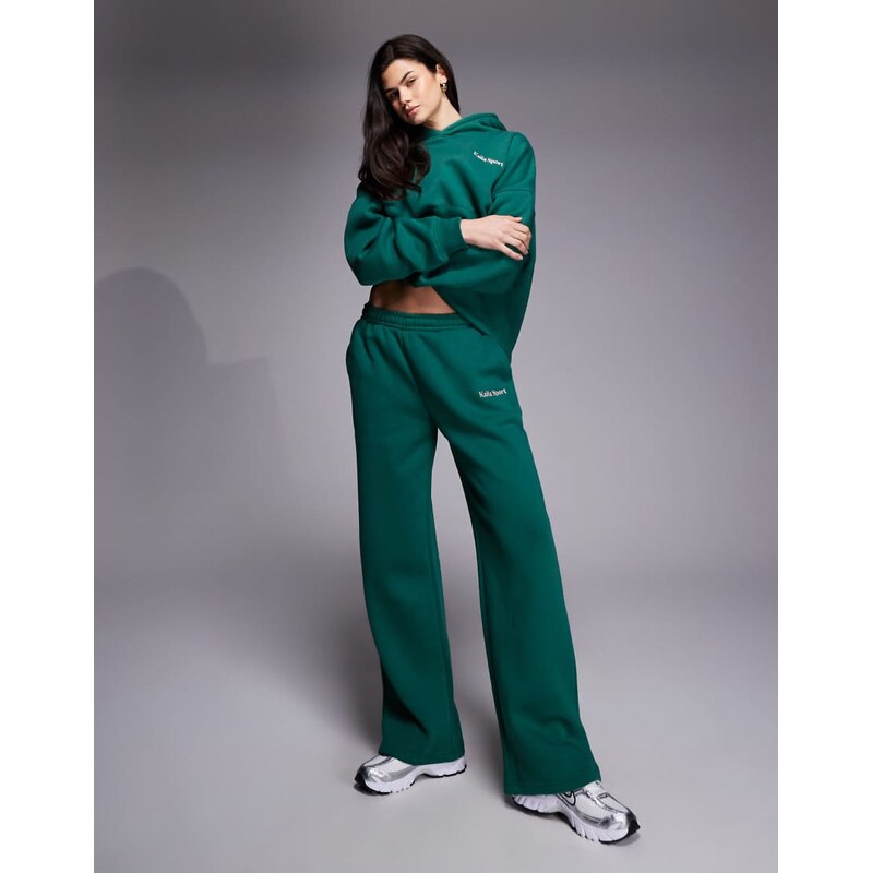 Kaiia embroidered logo wide leg joggers co-ord in dark green and