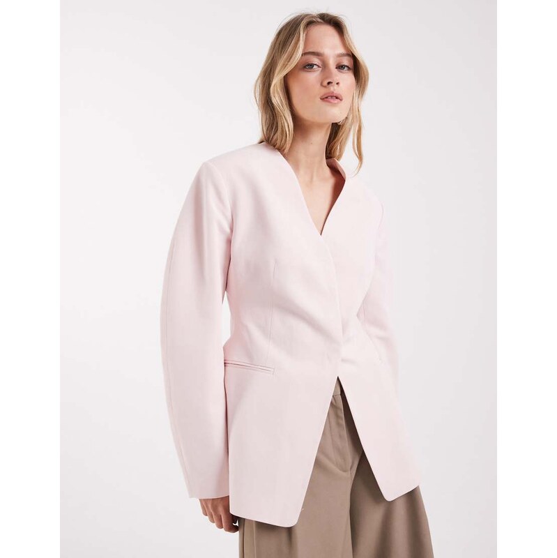 ASOS DESIGN cinched linen blazer in baby pink-Purple