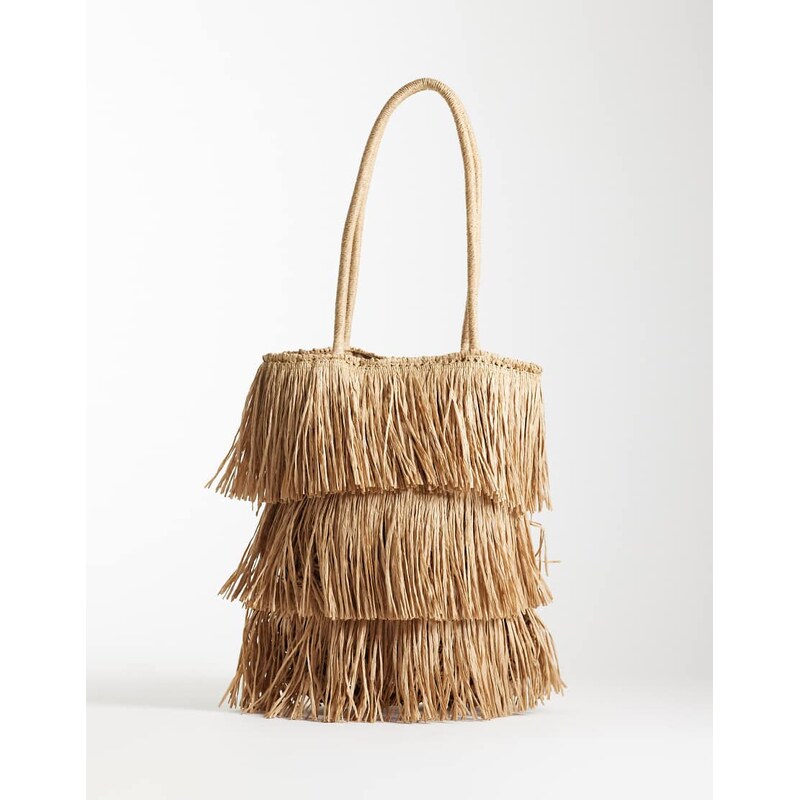 ASOS DESIGN straw fringe tote bag in natural-Neutral