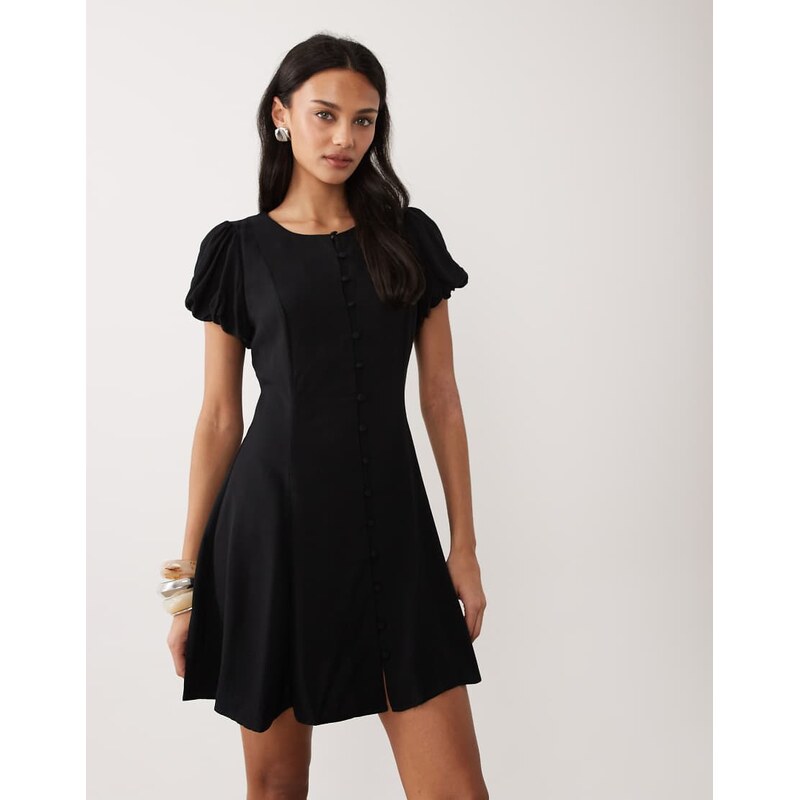 Nobodys Child Tilla puff sleeve button up mini dress in black