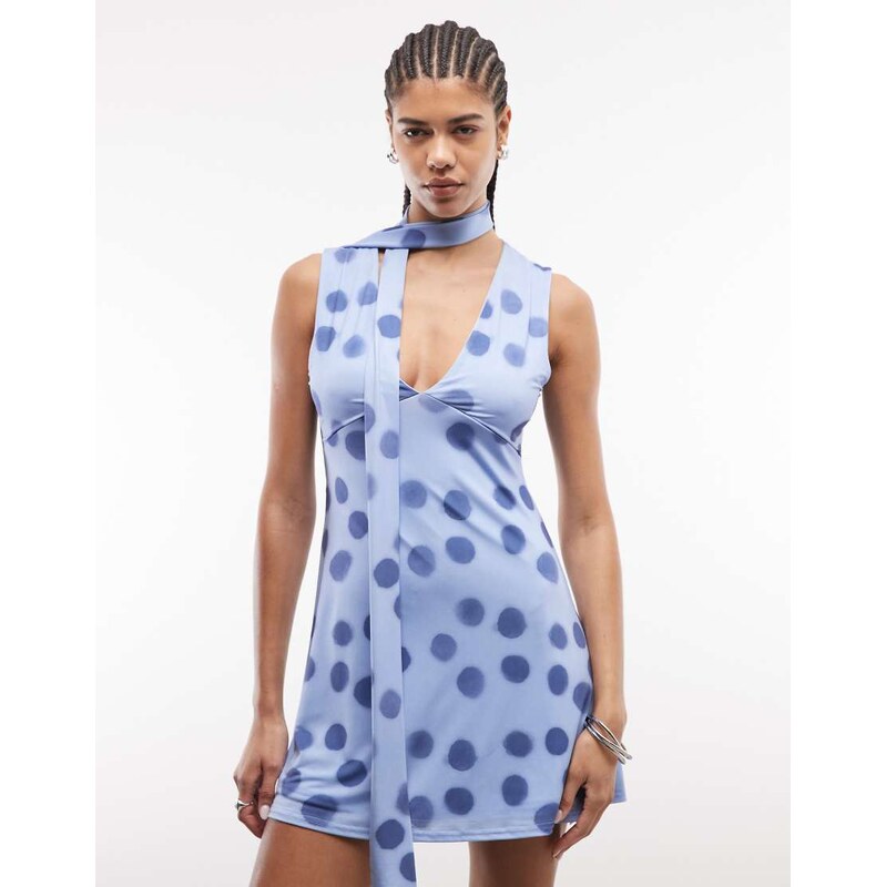 Reclaimed Vintage blue polka dot jersey scarf mini dress