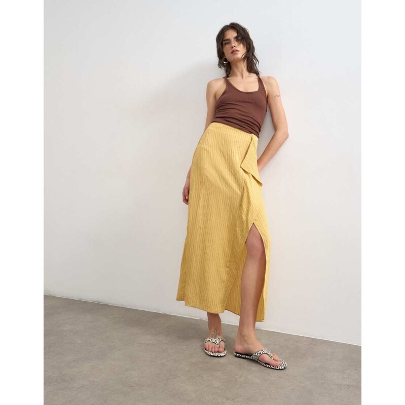 Topshop sarong wrap midi skirt in tan stripe-Multi