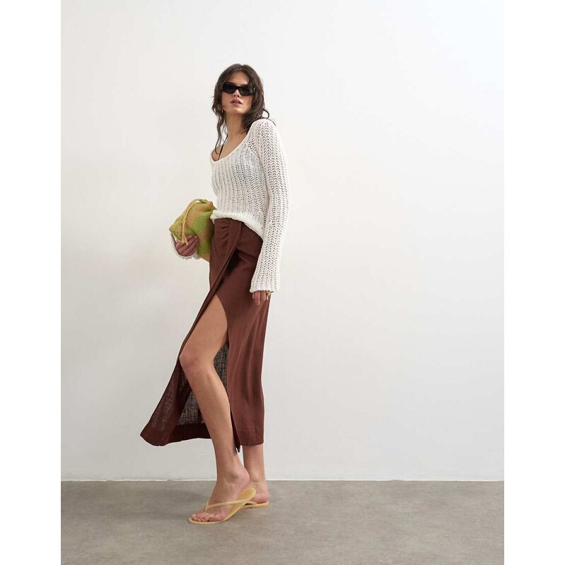 Topshop linen sarong maxi skirt in brown