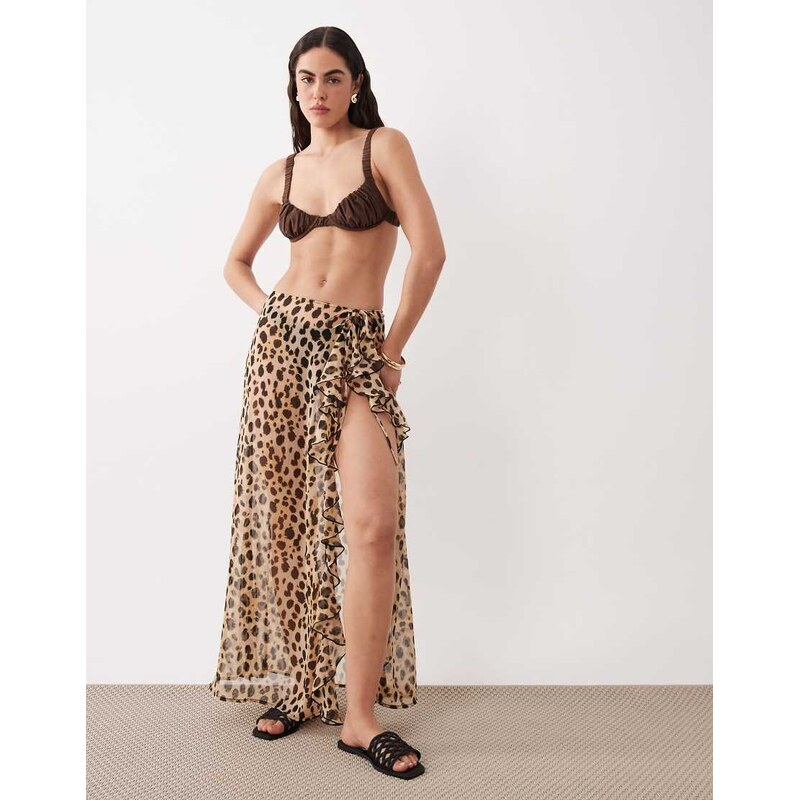 Miss Selfridge beach sheer chiffon frill detail tie sarong in leopard 114741105