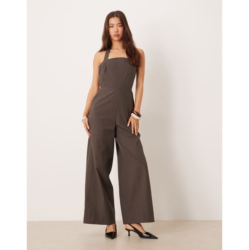 ASOS DESIGN halter neck jumpsuit in chocolate-Brown