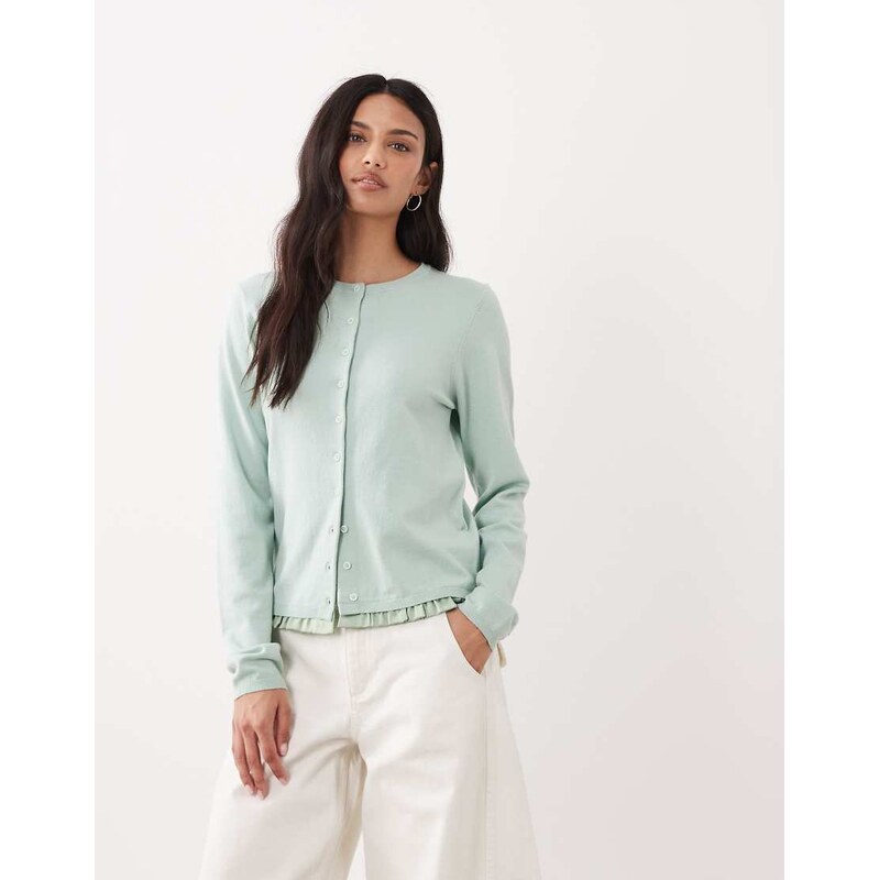 ASOS DESIGN satin frill hem cardigan in sage-Green
