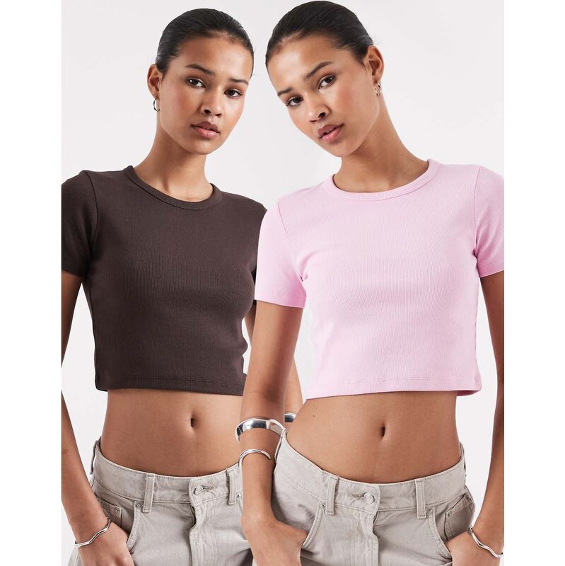 JJXX Florie ribbed cropped baby t-shirt two pack in brown & pink