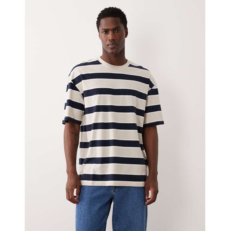 JJ Rebel oversized t-shirt in off white and navy stripe-Multi