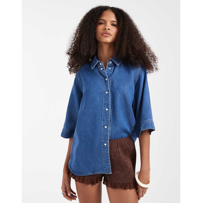 Object button down 2/4 sleeve top in mid blue denim