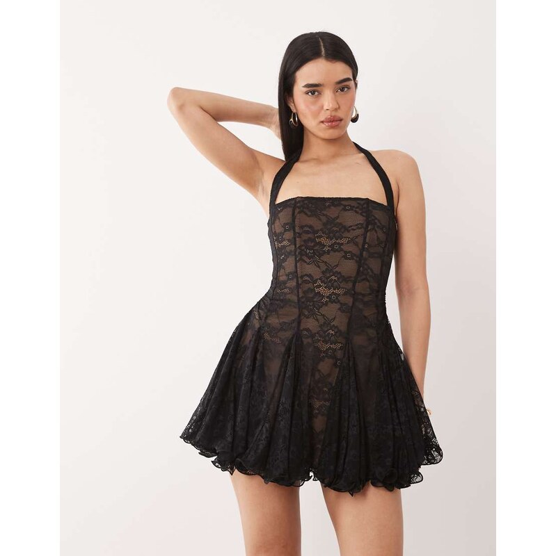 Murci square halterneck gathered godet hem lace mini dress in