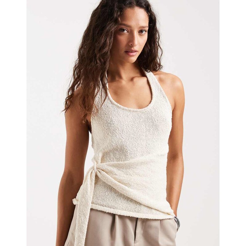 4th & Reckless textured knit scoop neck halterneck drape detail top in 114741155