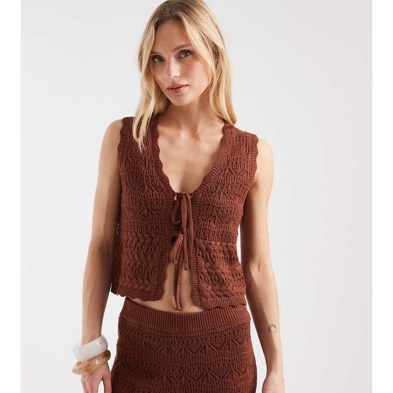 New Look Petite co-ord tie front knitted waistcoat in rust-Brown