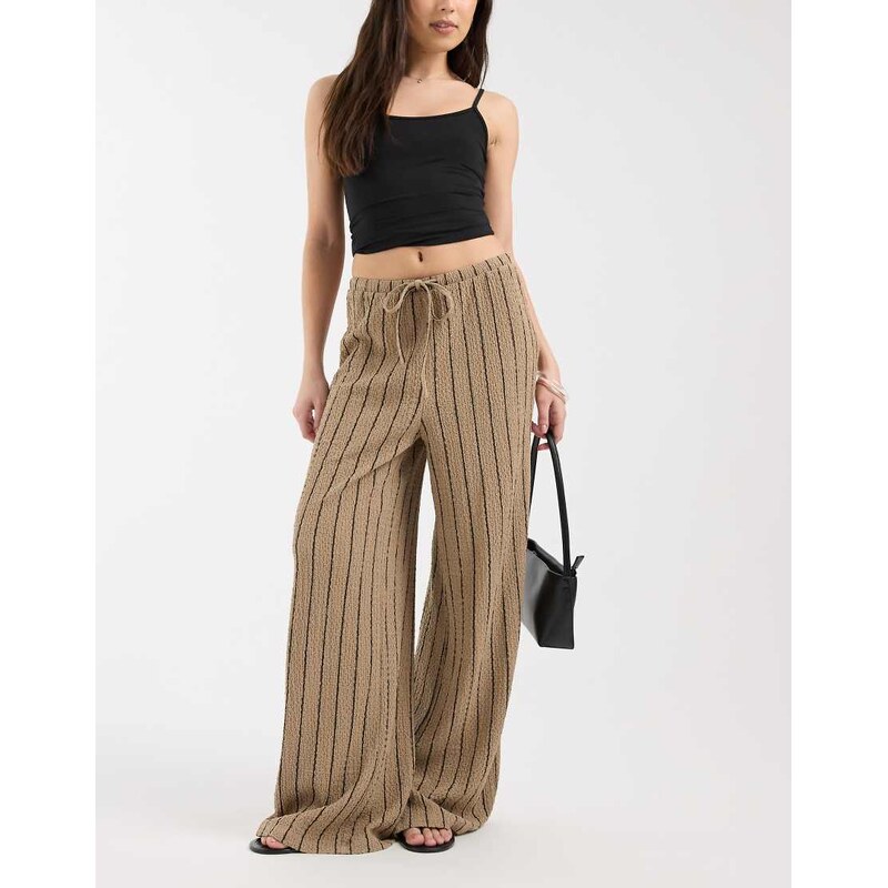 New Look textured wide leg trousers in brown stripe