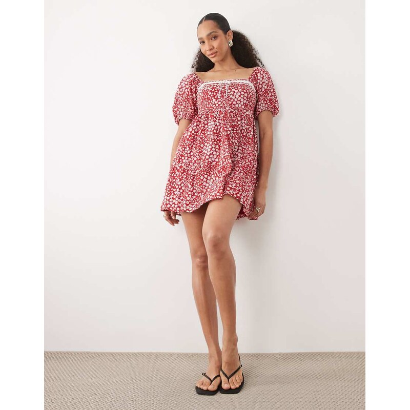Abercrombie & Fitch square neck milkmaid mini dress in red ditsy