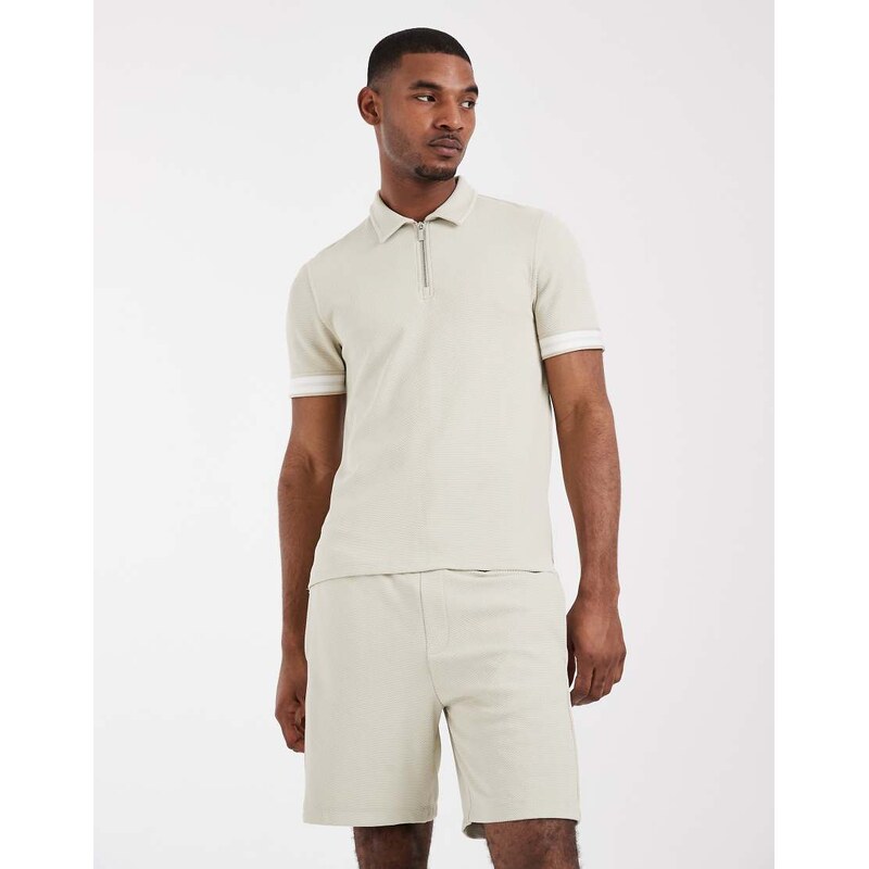 CAPO textured tape zip collar polo shirt co-ord in light beige