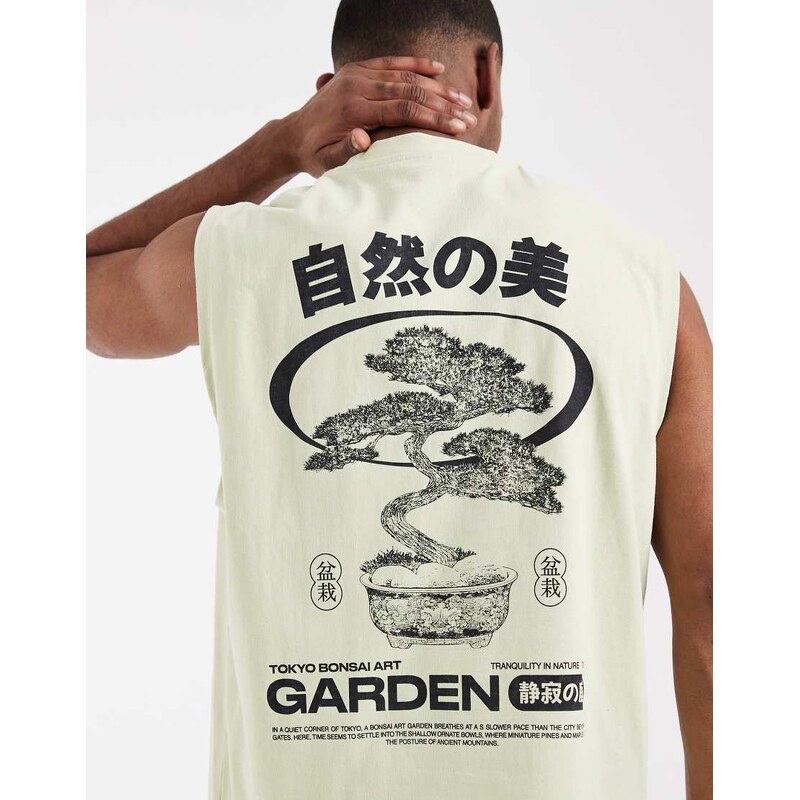 ASOS DESIGN oversized tank with Bonsai graphic in off white wash