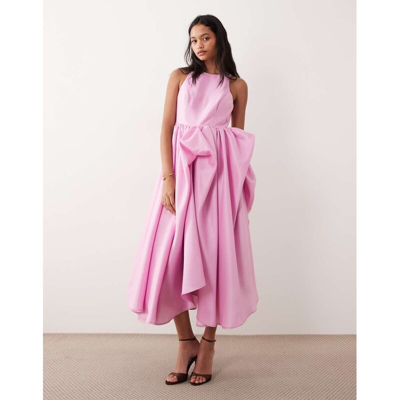 YAS structured taffeta pleated maxi dress in pink frosting