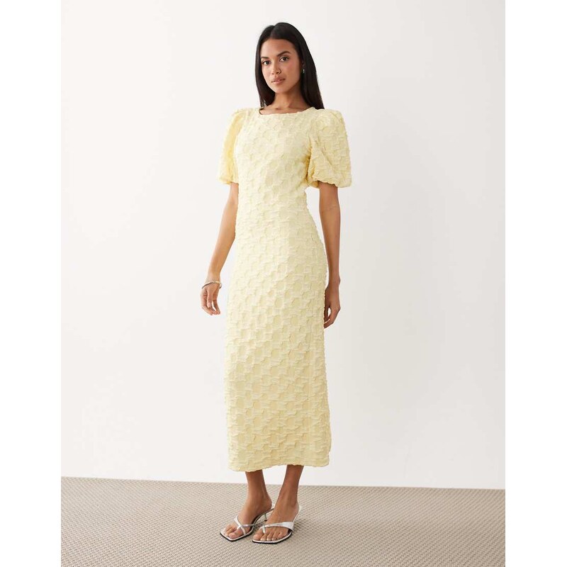 YAS volume sleeve textured maxi dress in pale yellow