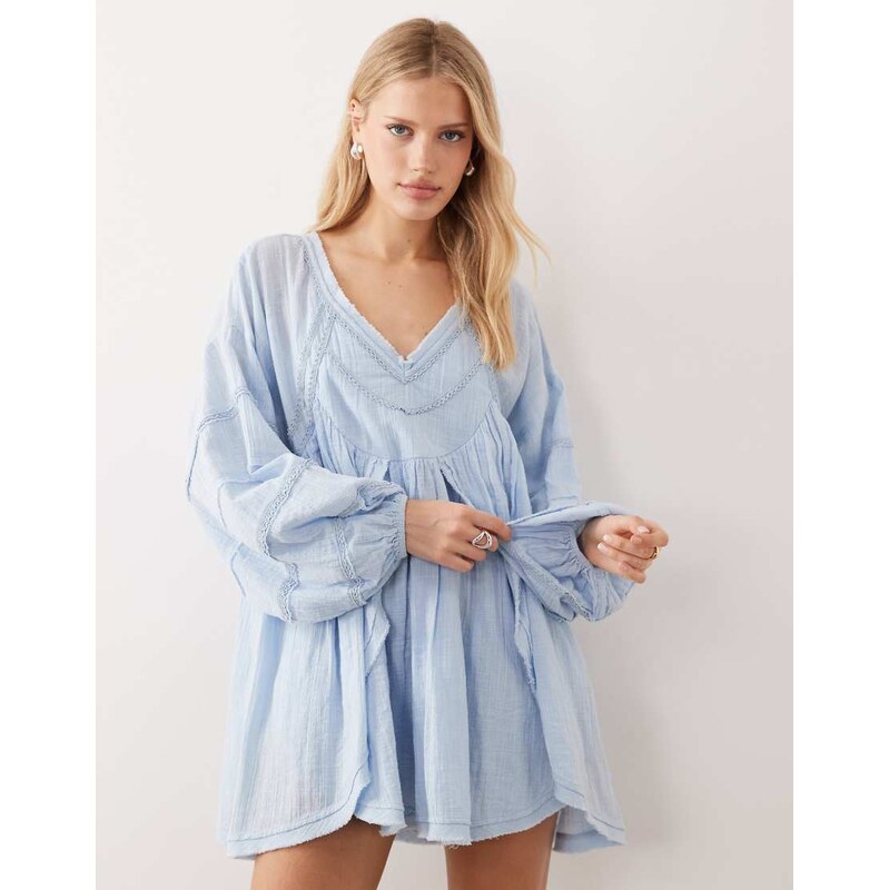 ASOS DESIGN v neck laundered smock mini dress in washed blue-No