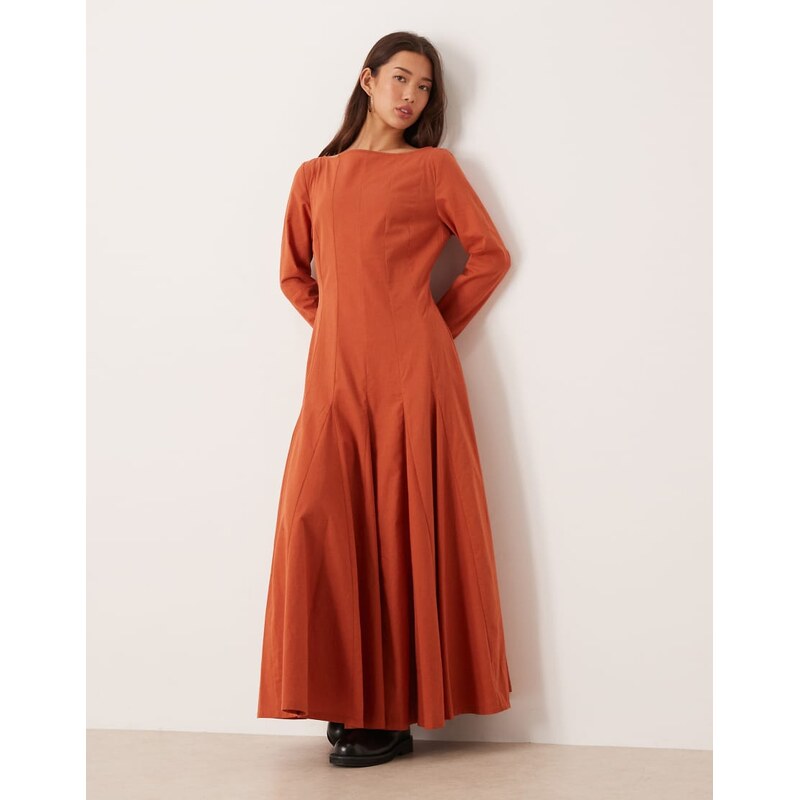 ASOS DESIGN slash neck maxi dress with full skirt in terracotta