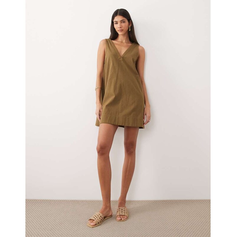 ASOS DESIGN cotton linen v neck smock mini dress in moss green -