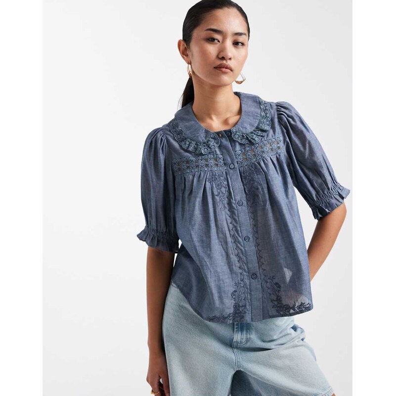 Miss Selfridge chambray peter collar blouse with lace detail in mid 114838009