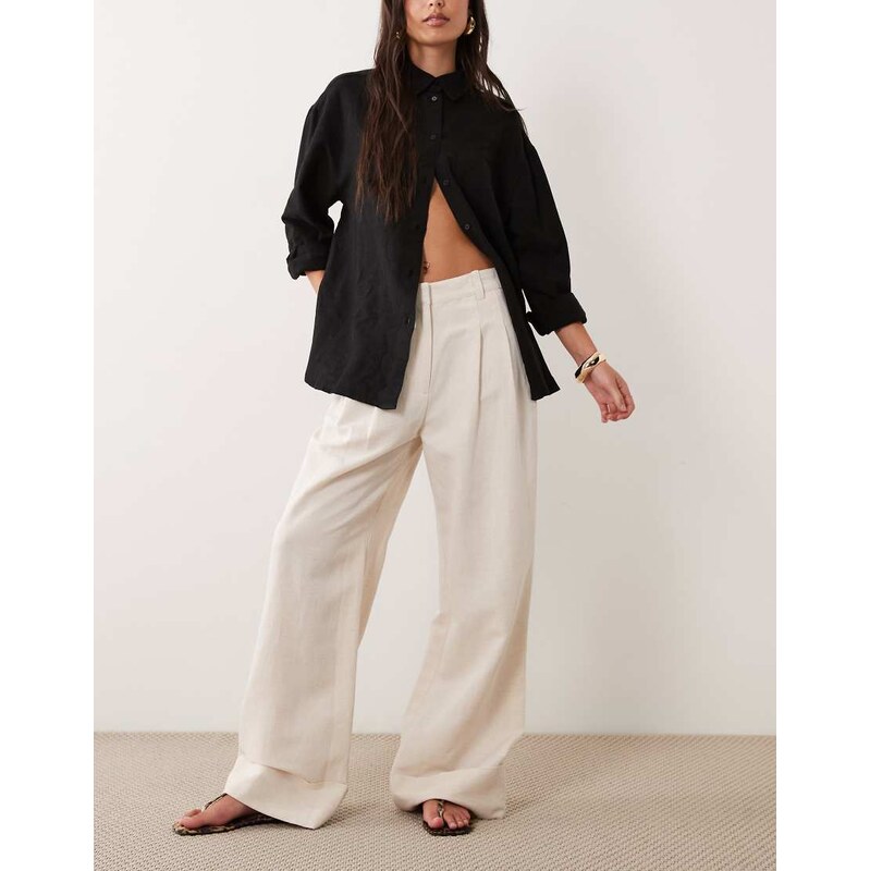 ASOS DESIGN tailored wide leg turn up trousers with linen in