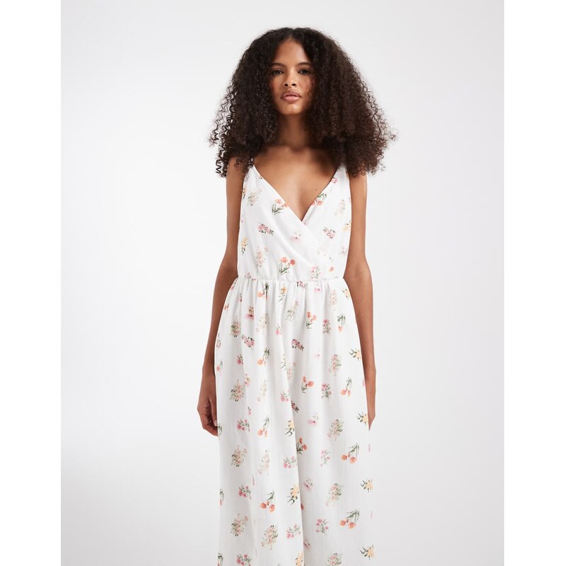 Pieces garden floral cami maxi dress in white