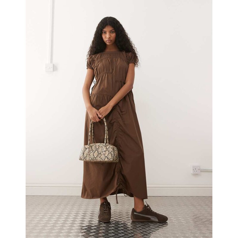 COLLUSION multi channel short sleeve midi dress in brown 114751104