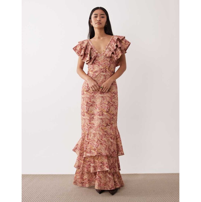 Pretty Lavish linen blend ruffle v neck maxi dress in abstract berry 114745741