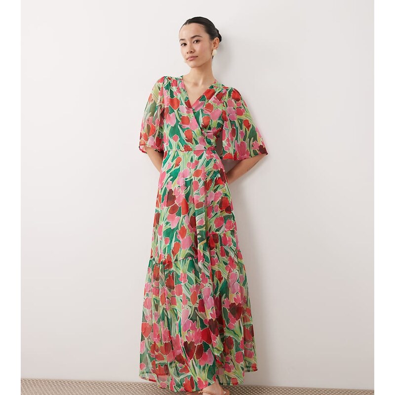 Hope & Ivy Petite wrap tie detail maxi dress in green petal print 114745752