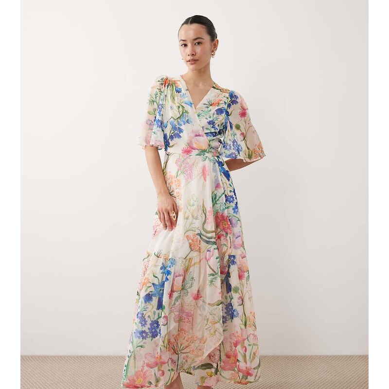 Hope & Ivy Petite wrap tie detail maxi dress in white floral 114745753