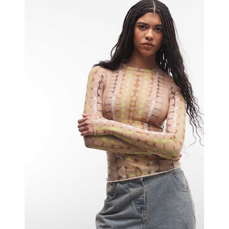 AFRM Kaylee long sleeve crew neck mesh top in beige tonal dot-Green 113534249
