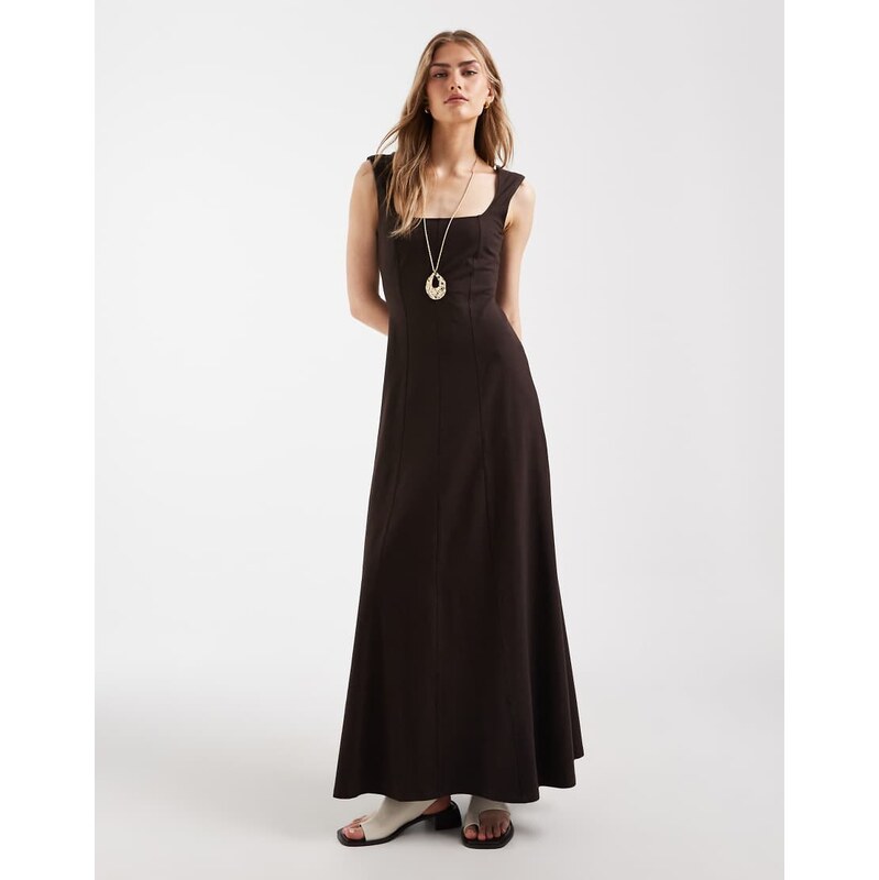 ASOS DESIGN square neck seam detail midi dress in chocolate