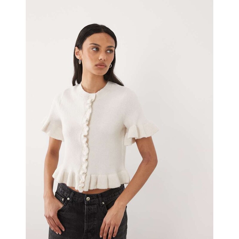 Brave Soul short sleeve cardigan wiith frill hem in oat-Neutral