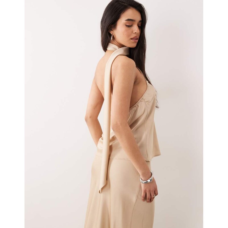 ONLY scarf detail one shoulder top in beige-Neutral