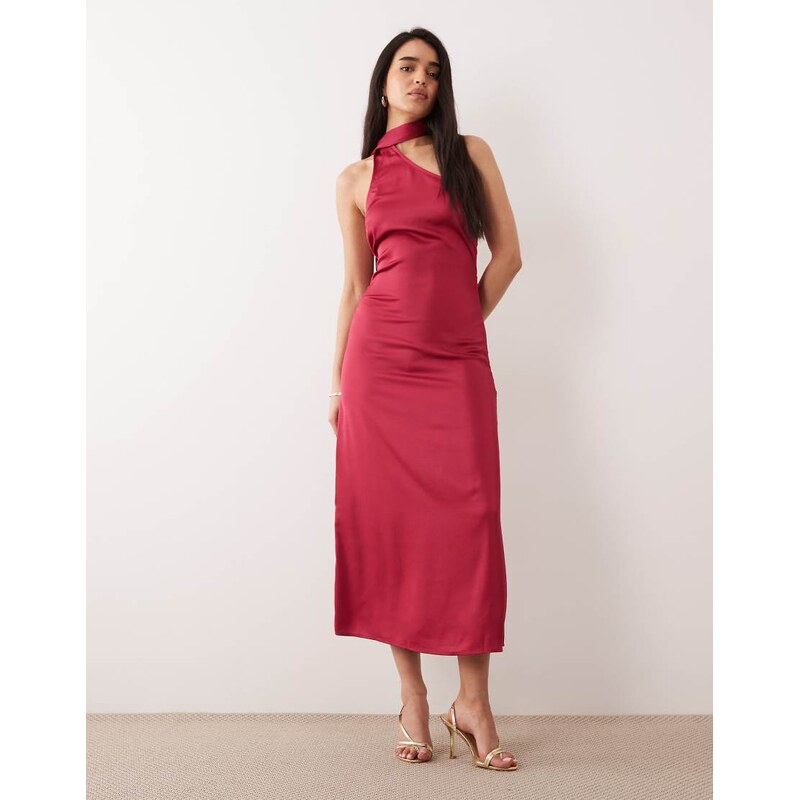 ONLY scarf detail one shoulder midaxi dress in dark pink