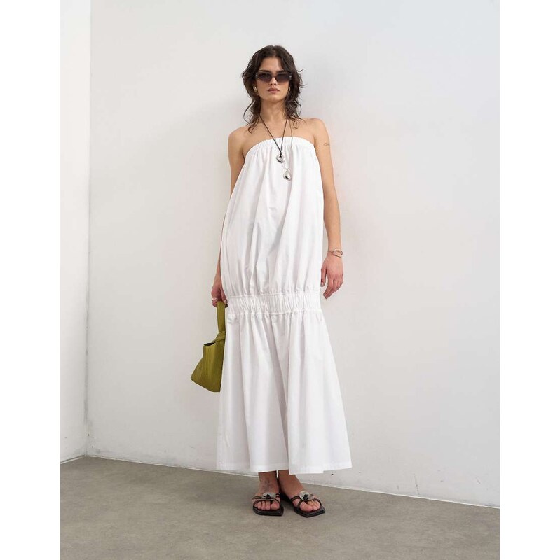 Topshop poplin bandeau super dropped waist maxi dress in white