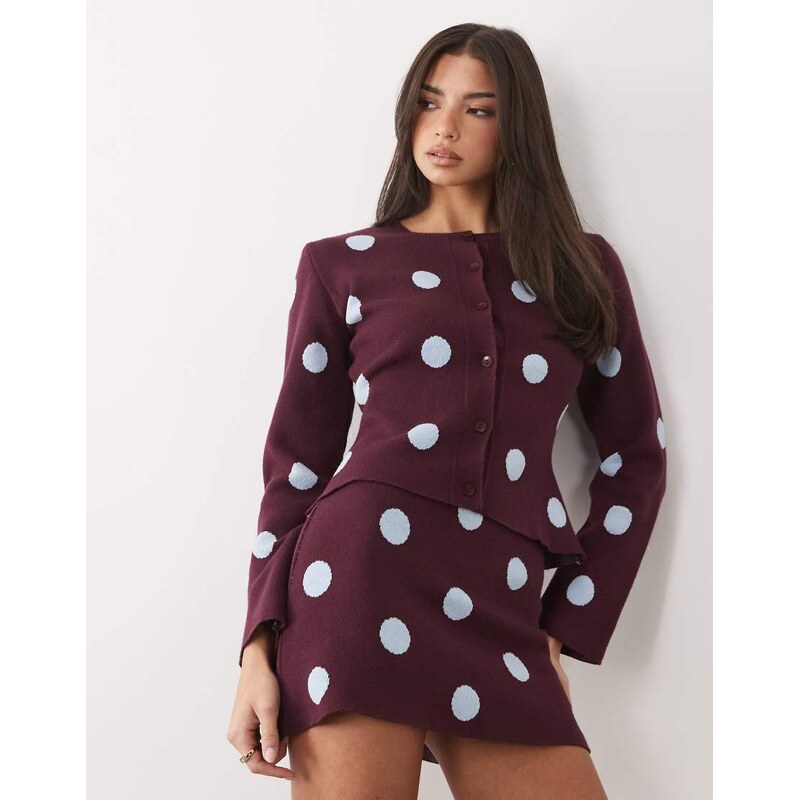 ASOS DESIGN fine knit cardigan co-ord in plum polka dot-Multi
