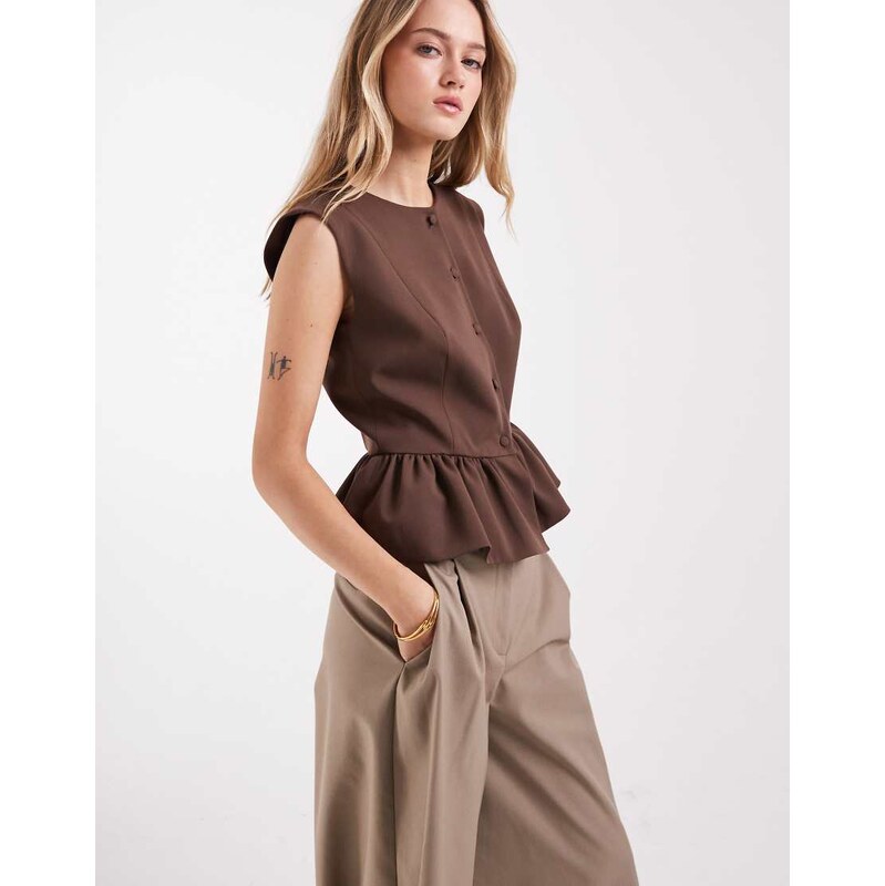 ASOS DESIGN button down peplum tailored top in mocha-Neutral
