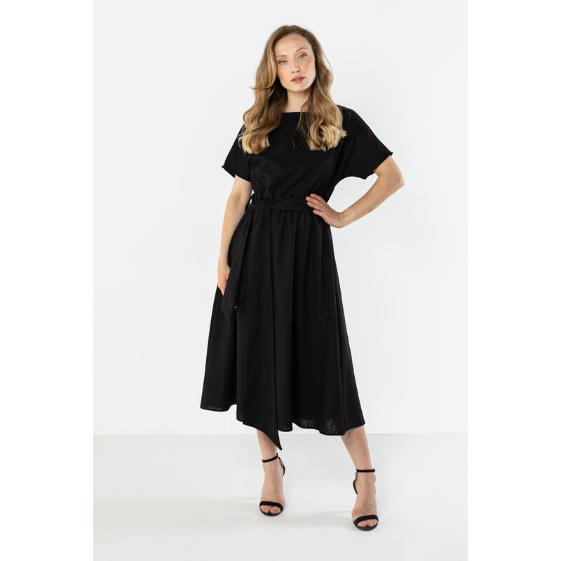 Awama Linen Midi Šaty s vázáním v pase