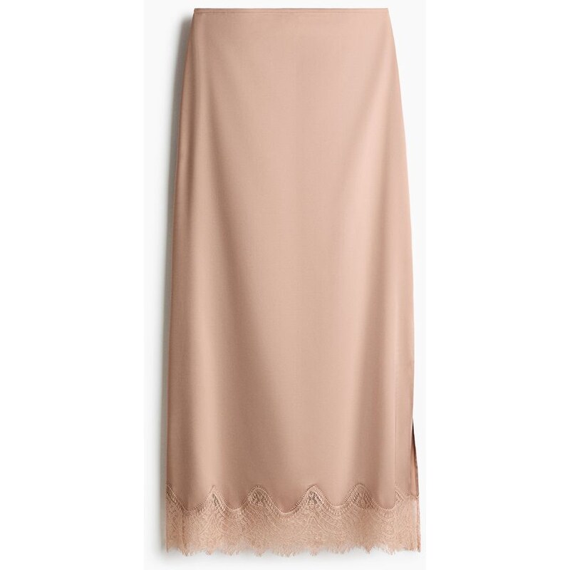 H&M - Saténová sukně s krajkovým lemem - Béžová