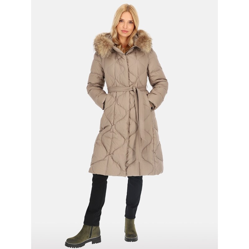 PERSO Womans Womens long tied real down coat with raccoon fur ,
