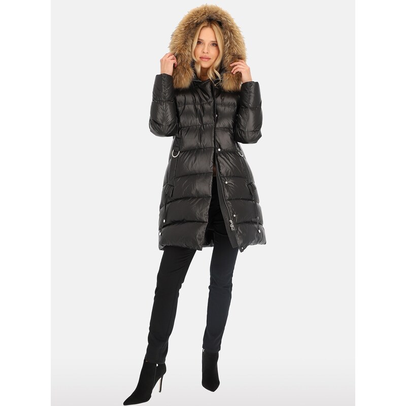 PERSO Womans Womens long quilted jacket with natural raccoon fur, 114746370